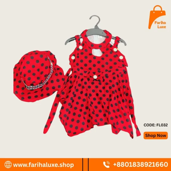 Red & Black Polka Dot Baby Dress with Matching Hat (CODE- FL032)
