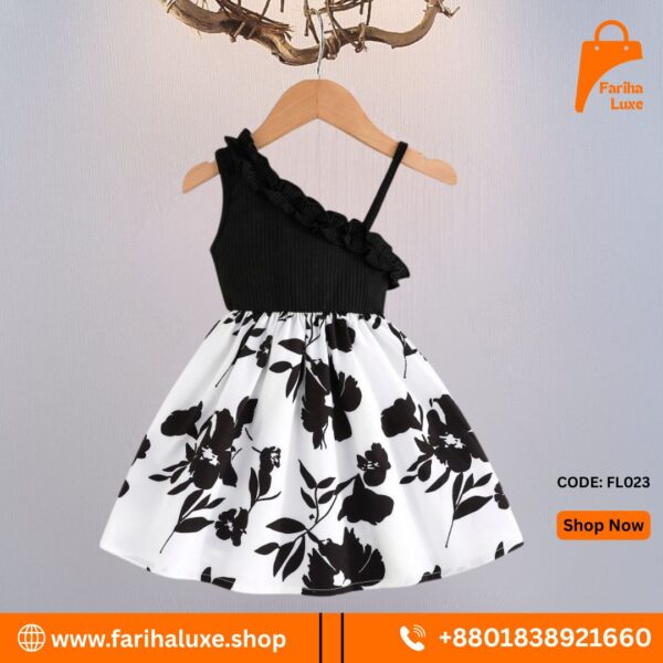 Black & White Floral One-Shoulder Baby Dress (CODE- FL023)