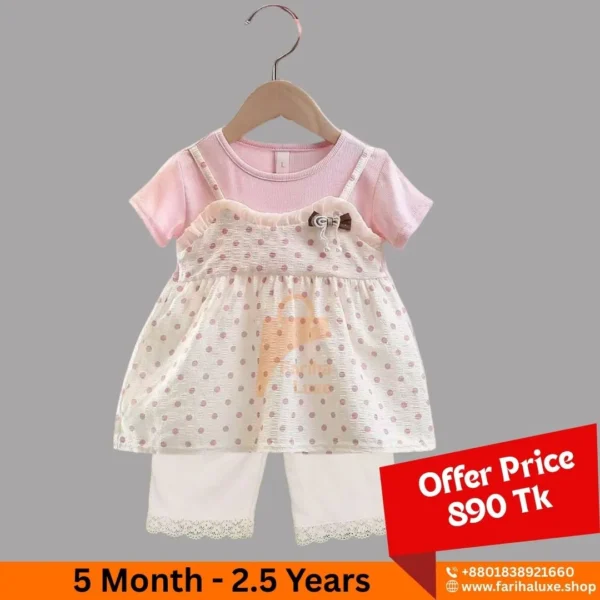 Pink & Polka Dot Baby Layered Dress With Pant (CODE- FLP020)