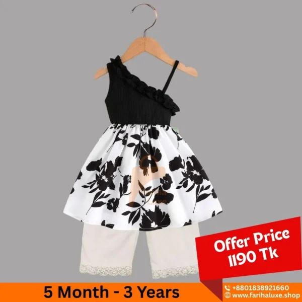 Black & White Floral One-Shoulder Baby Dress With Pant (CODE- FLP023)