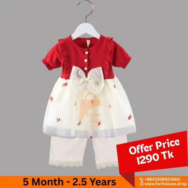 Red & White Stoberry Bow Baby Dress With Pant (CODE- FLP018)
