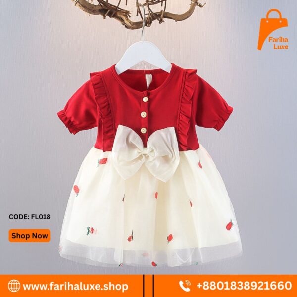 Red & White Stoberry Bow Baby Dress (CODE- FL018)