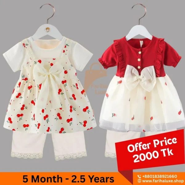 Red & White Stoberry Bow & Cream Cherry Cotton Baby Dress Combo With Pant
